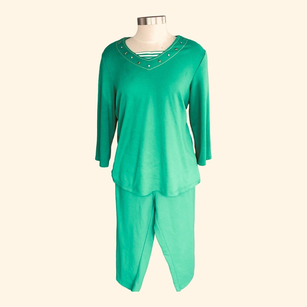 Quacker Factory French Terry 2-Pc Sparkle Studded GreenTrack Suit Women M